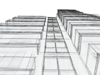 Partial 3d illustration of a tall residential building façade with balconies. Transparent walls in hand sketch style. Looking up perspective.