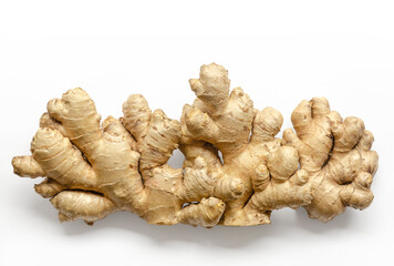 Fresh ginger roots, from above on white background. Juicy and fleshy rhizomes of Zingiber officinale. Used as a fragrant kitchen spice and as a folk medicine. Close-up, top view, macro food photo.