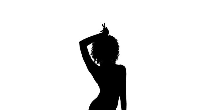 Cropped silhouette of slim curly dancing woman sensually moving hands. Isolated on white background.