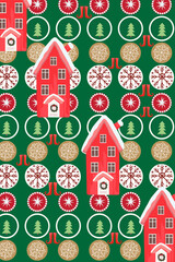 Christmas themed pattern composed of houses, pines, cookies, snowflakes and boots