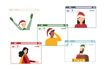 People wishing Merry Christmas and Happy New Year, celebrating holiday and giving gifts via video call or web conference in 2021. Flat vector illustration for web, banner, poster