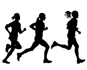 Young athletes run a marathon. Isolated silhouettes on white background