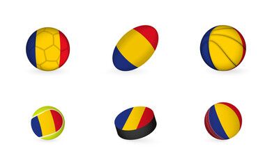 Sports equipment with flag of Romania. Sports icon set.