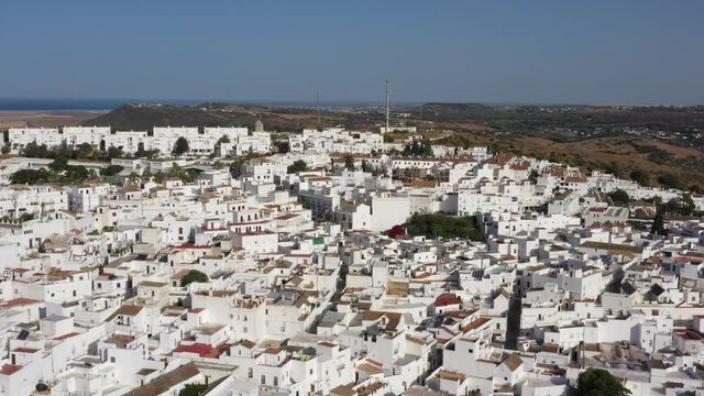 Andalusian white town seen from above aerial view over south Spanish town in Cadiz