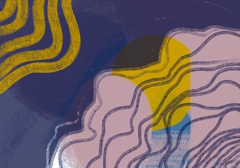 Dipinto astratto linee ondulate. Disegno grafico moderno. Macchie colorate. Blu, giallo, rosa. Collage.
