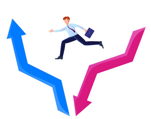 The concept of economic recovery. Businessman jumping from the red arrow falling down to the blue arrow going up. Savings and investment financial plan, stock market outflow and recovery.