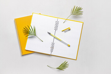 Notebooks with pen on light background