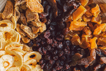 Mix of dried fruits. Assorted dried fruits. Natural and healthy snack food
