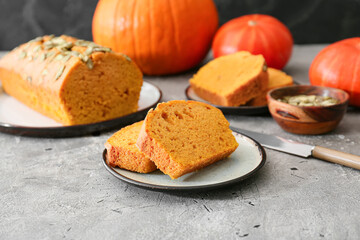 Tasty pumpkin pie on table