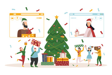 Obraz na płótnie Canvas People wishing Merry Christmas and Happy New Year, celebrating holiday and giving gifts via video call or web conference in 2021. Flat vector illustration for web, banner, poster, vector