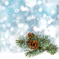 Fototapeta na wymiar Christmas background, green pine branches and cones