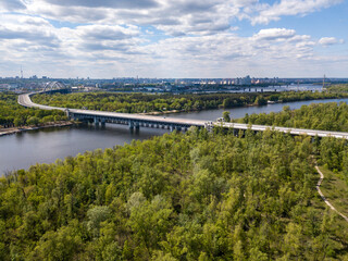 Aerial drone view. Unfinished bridge in Kiev, sunny summer day.