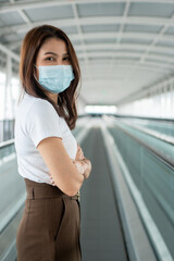 Portrait of a young woman in a medical mask for anti-coronavirus COVID-19 pandemic infectious disease outbreak protection in Public area. Concept of Virus pandemic and pollution (PM2.5)