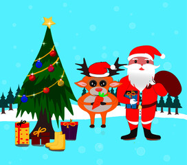 Christmas greeting vector of Santa Claus is holding gift bag along with reindeer and in background Tree and various other gifts