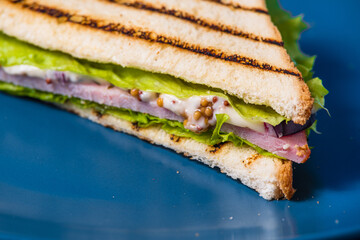 Ham and greens sandwich on a blue background.