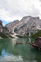 The Prager Wildsee or Lake Prags, Lake Braises in the Dolomites in South Tyrol, Italy.