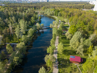 Aerial drone view. Kiev city park.
