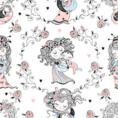 Seamless pattern on the theme of motherhood. The mother and child. Baby shower. Vector