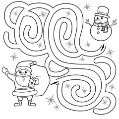 Help Santa Claus find path to snowman. Labyrinth. Maze game for kids. Black and white vector illustration for coloring book