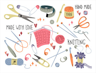 Knitting set. The concept of needlework and knitting. Scissors, needles, hooks, yarn, thread, needle, pin, tape measure. Hand-drawn illustration on a white background.