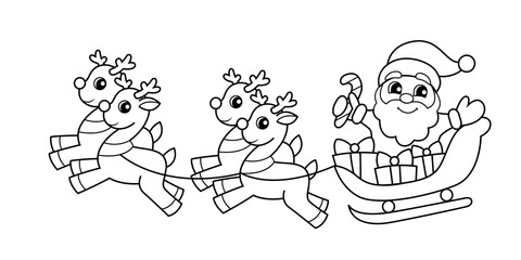 Santa Claus flying in sleigh with gifts and reindeer. Christmas and New Year illustration. Black and white vector illustration for coloring book