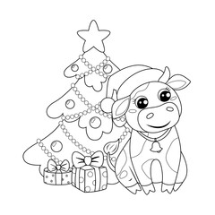 Cute cartoon cow in Santa Claus hat sitting near new year tree and Christmas gifts. Black and white vector illustration for coloring book