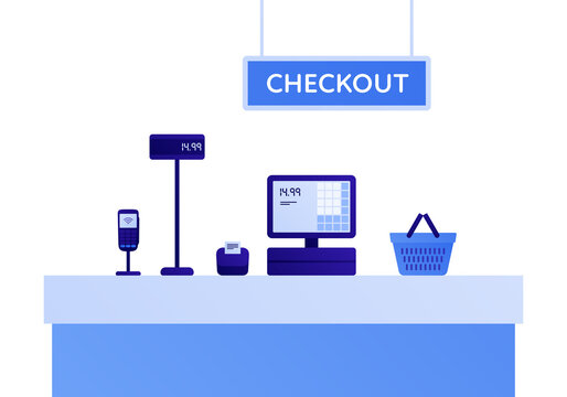 Self checkout grocery kiosk concept. Vector flat illustration. Set of digital device of cashier, electronic pos, scanner. Design element for supermarket ad, web banner.