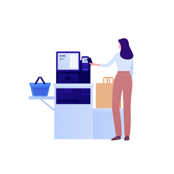 Self Checkout Grocery Kiosk And Contactless Payment Concept. Vector Flat Character Illustration. Woman Customer Person Pay By Smart Phone In Self-service Supermarket. Design For Ad, Web Banner.