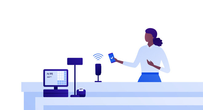 Self Checkout Grocery Kiosk And Contactless Payment Concept. Vector Flat Character Illustration. African American Female Person Pay By Smartphone In Supermarket. Design For Ad, Web Banner.