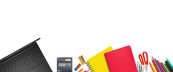 School supplies items. Bottom border on a white background. Back to school during concept with copy space