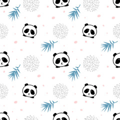 Seamless pattern with cute panda face, pink circles, blue leaves on a light background. Created with love. Vector.