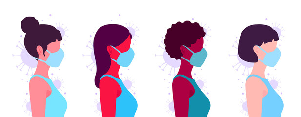 Portraits of girls with protective masks in a profile view. Woman with a respirator. Coronavirus spreading prevention. People's avatars. Vector cartoon flat illustration set on a white background.