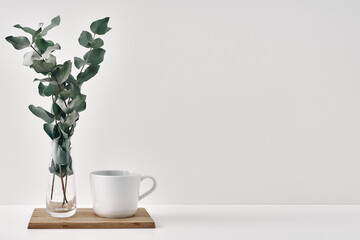 A vase with eucalyptus and a mug stand on a wooden stand on a white background. Minimalism,...