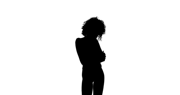 Cropped silhouette of slim dancing woman, touching her curly hair and raising hands. Improvisation. Modern contemporary style concept. Isolated on white background.