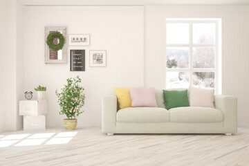 White living room with sofa and winter landscape in window. Scandinavian interior design. 3D illustration