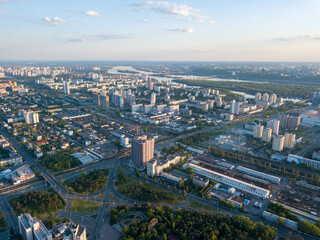 Fototapeta na wymiar Aerial drone view. Residential buildings in Kiev. Summer sunny day.