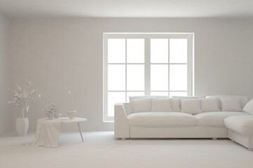 White minimalist living room with sofa. Scandinavian interior design. 3D illustration