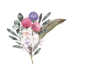 シックな色合いの花と葉っぱのブーケ　水彩イラスト