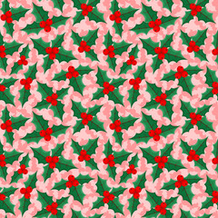 Christmas background with holly berries on a pink background.