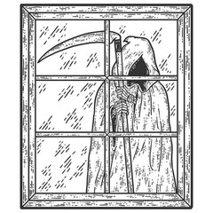 Death is outside the window. Engraving vector illustration.