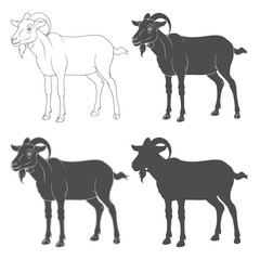 Obraz premium Set of black and white illustrations with a goat. Isolated vector objects on a white background.