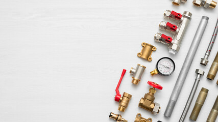 Plumbing flat lay concept background with copy space.