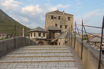 View of the tower of the Old Bridge in the Old Town of Mostar at dawn. Bosnia and Herzegovina