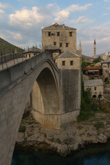 View of the tower of the Old Bridge in the Old Town of Mostar at dawn. Bosnia and Herzegovina