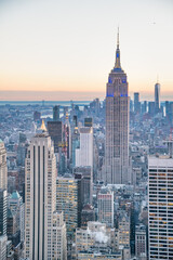 Sunset skyline of Manhattan from rooftop, New York City