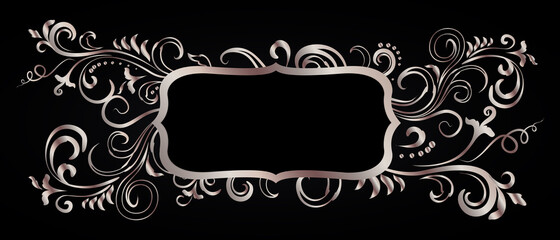 Rose golden shiny glowing ornate frame isolated over black