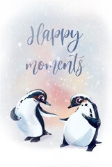 New year and Christmas card with penguin “Happy moments”