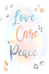 New year and Christmas card with animal footprints “Love, Care, Peace”