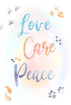 New year and Christmas card with animal footprints “Love, Care, Peace”