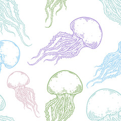 Hand drawn jellyfish seamless pattern background illustration